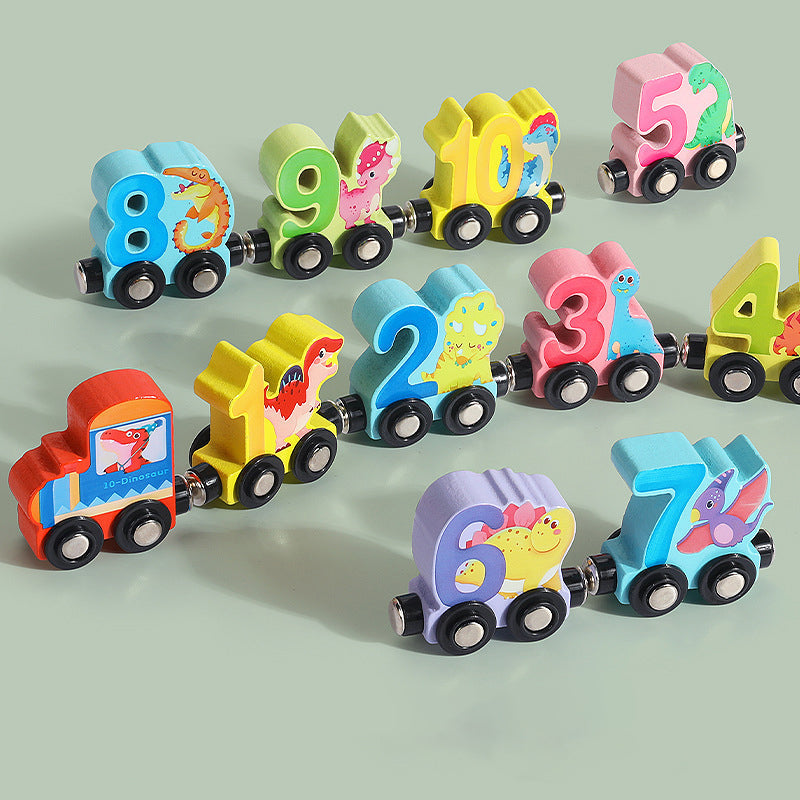 Digitalt magnetiskt tågpussel med leksaksbil i trä