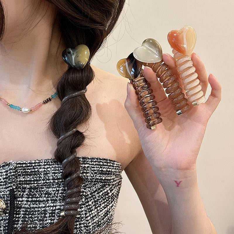 4 PCS - Heart Shaped Straight Telephone Cord Ponytail Holder