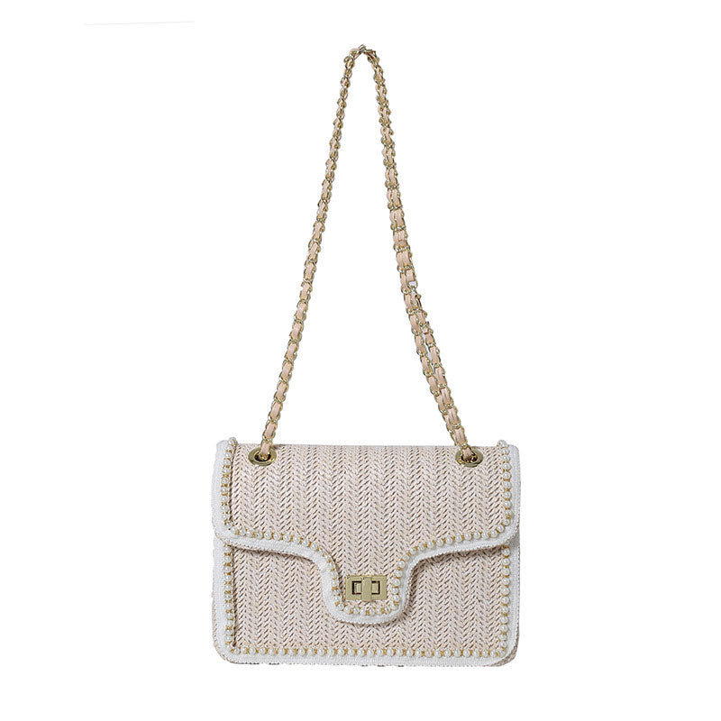 Elegant Faux Pearl Decor Straw Braid Shoulder Bag