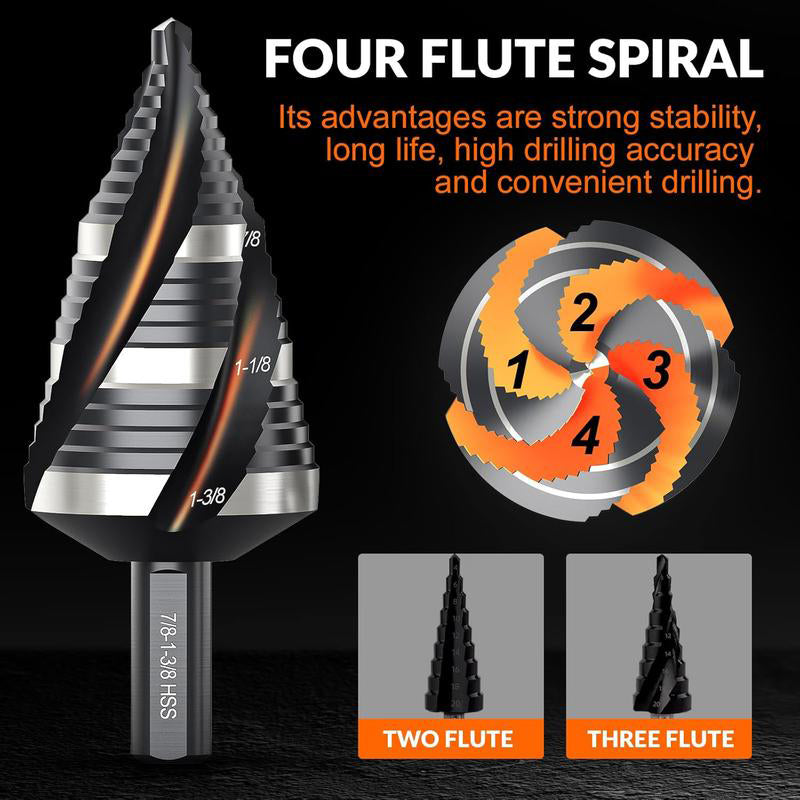 Four Spiral Flute Step Drill Bit Set