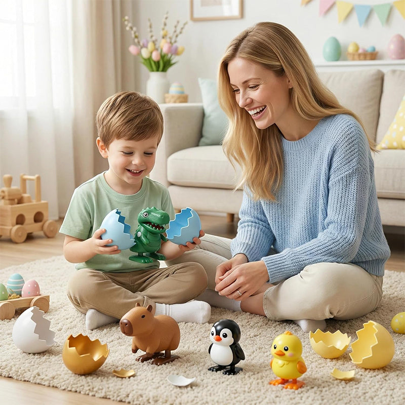 Pop-Surprise Easter Eggs – Wind-Up Jumping Animal Toy (Capybara, Dinosaur, Penguin, Duck)