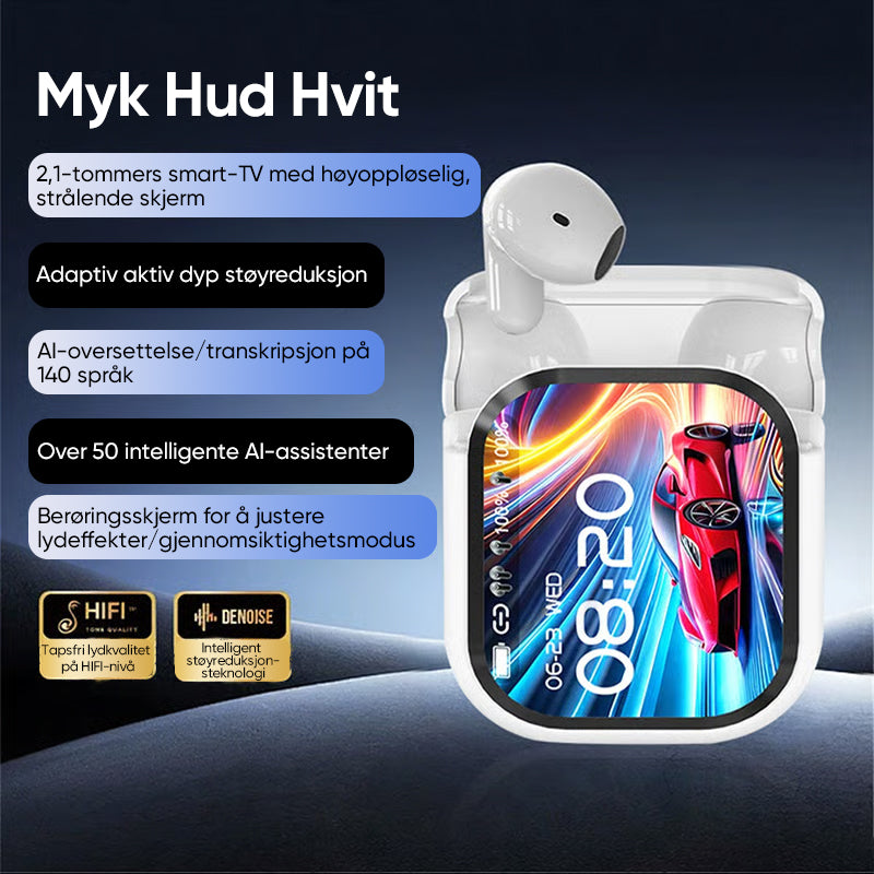 HD-fargeskjerm, intelligent støyreduksjon, hodetelefoner med AI-oversettelse