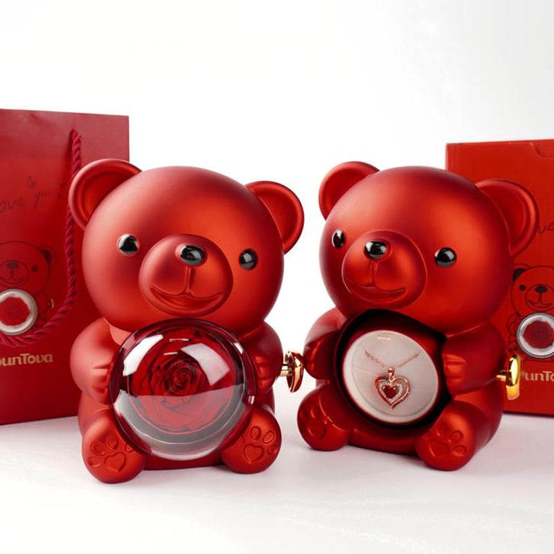 Heart-Shaped Pendant Necklace with Bear & Rose Gift Box