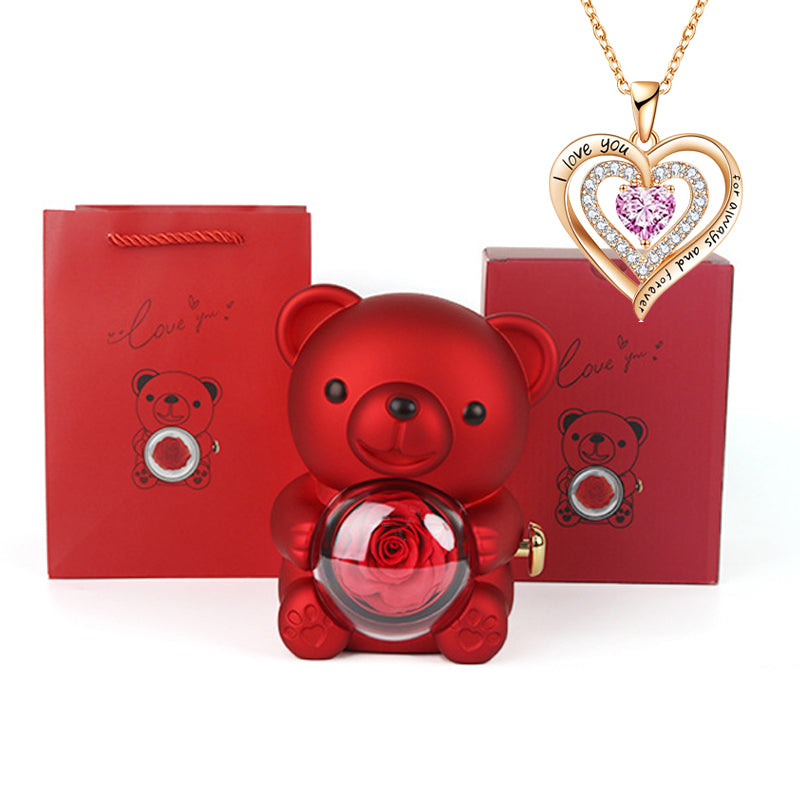 Heart-Shaped Pendant Necklace with Bear & Rose Gift Box