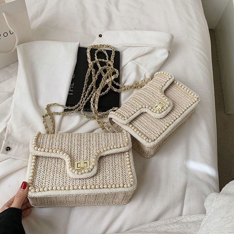 Elegant Faux Pearl Decor Straw Braid Shoulder Bag