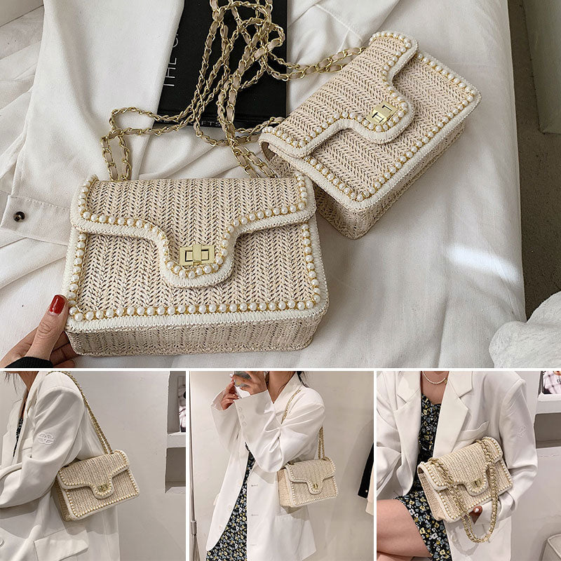 Elegant Faux Pearl Decor Straw Braid Shoulder Bag