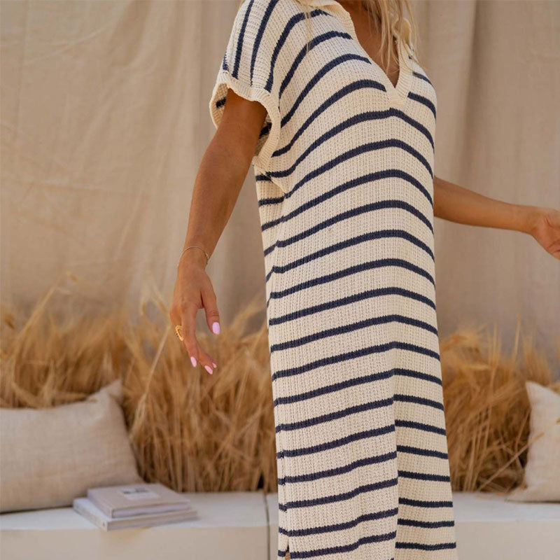 Striped Collared Short Sleeve Dress