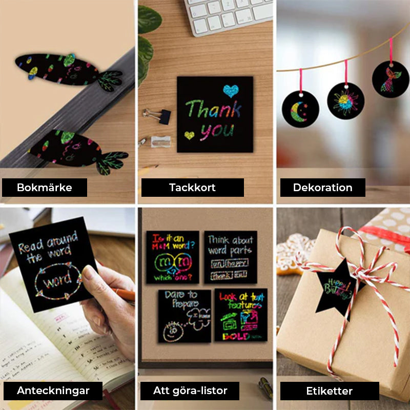 【100 ark/1 uppsättning】DIY regnbåge magisk skrapa papper konstuppsättning