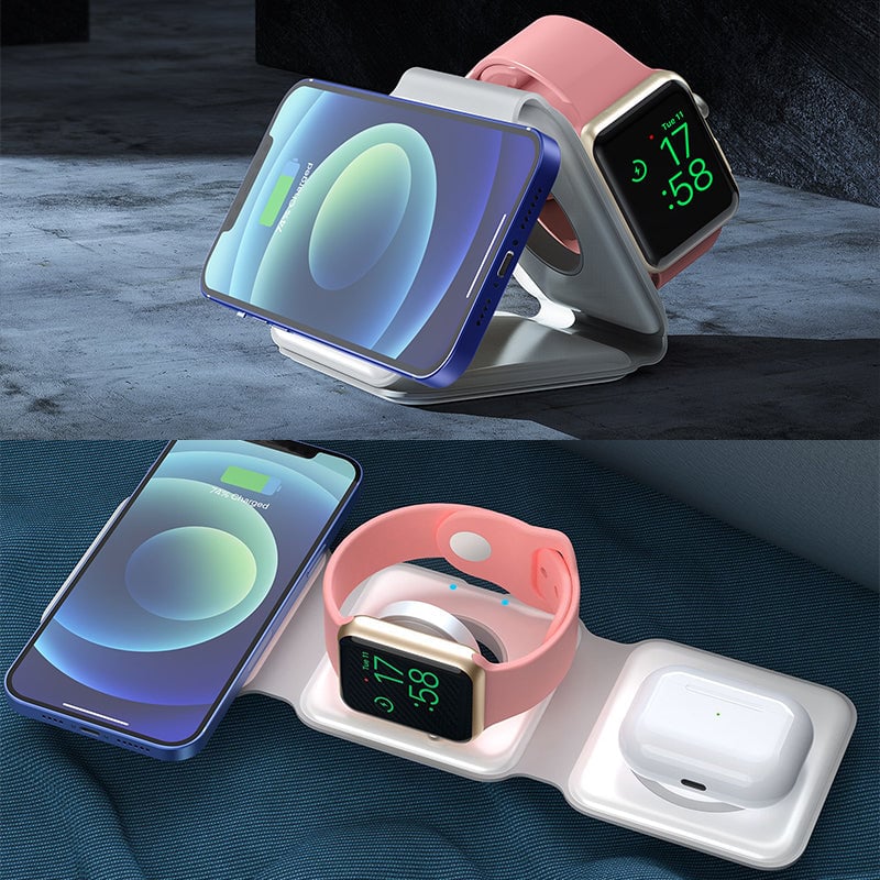 Ny hopfällbar 3-i-1 trådlös laddare