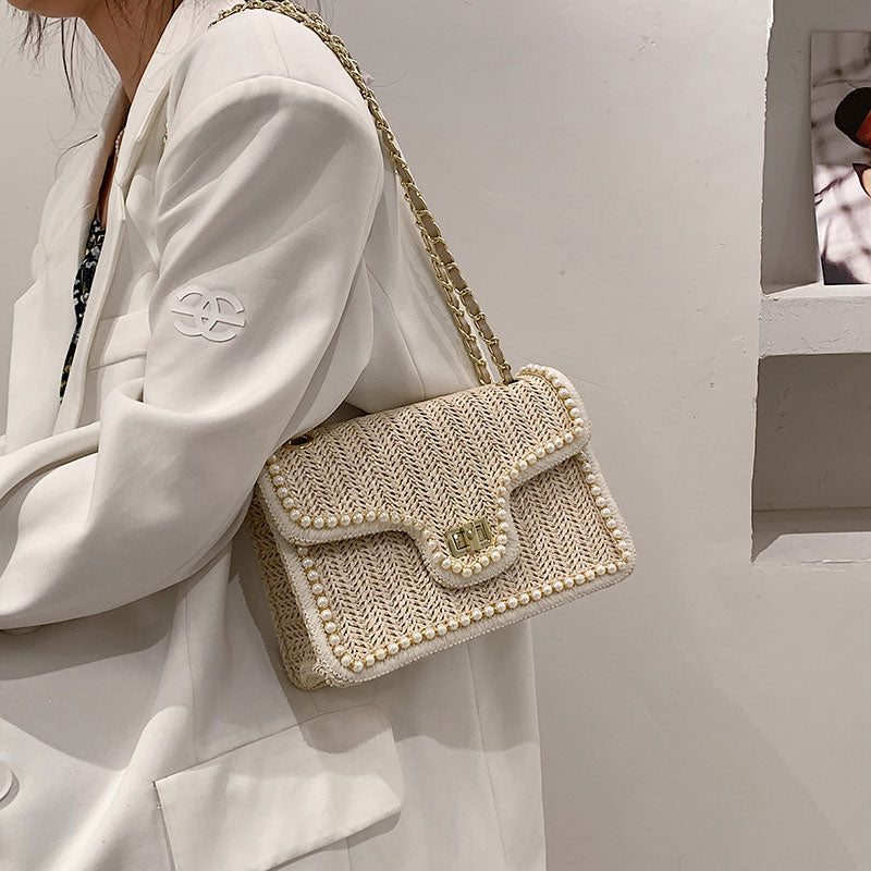 Elegant Faux Pearl Decor Straw Braid Shoulder Bag