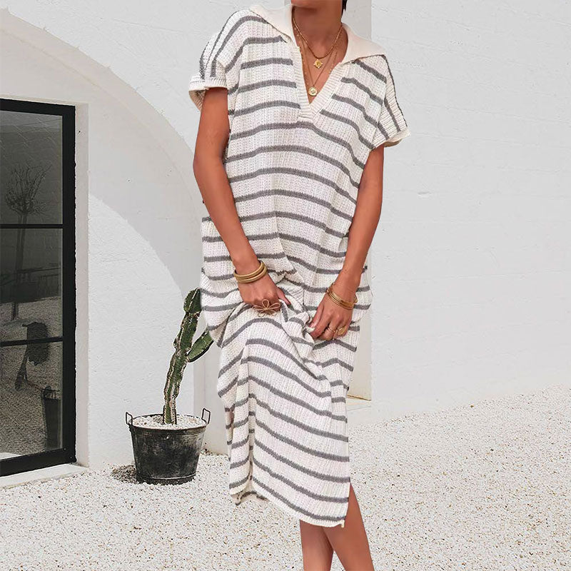 Striped Collared Short Sleeve Dress