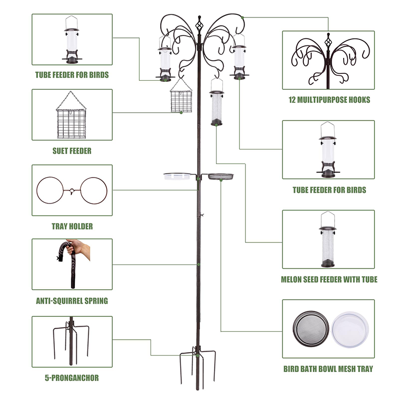 Squirrel-Proof Bird Feeder Pole Stand with Hanging Hooks