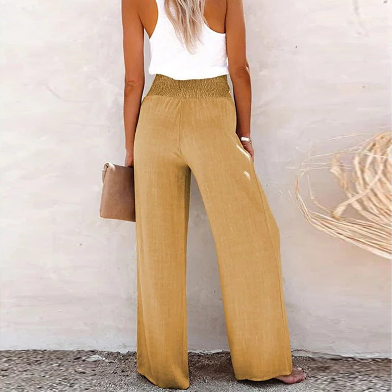 Linen Blend High-Waist Smocked Trousers