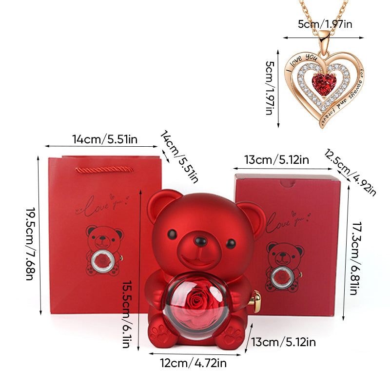 Heart-Shaped Pendant Necklace with Bear & Rose Gift Box