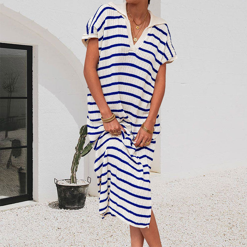 Striped Collared Short Sleeve Dress