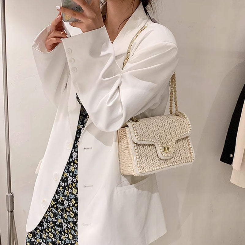 Elegant Faux Pearl Decor Straw Braid Shoulder Bag