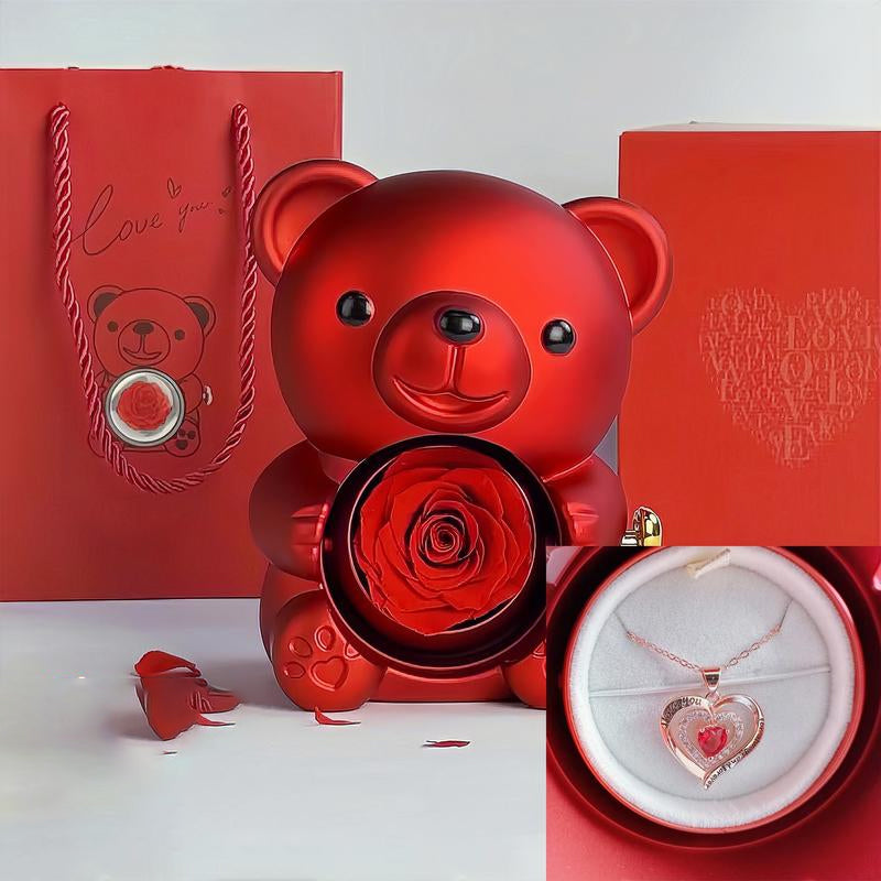 Heart-Shaped Pendant Necklace with Bear & Rose Gift Box