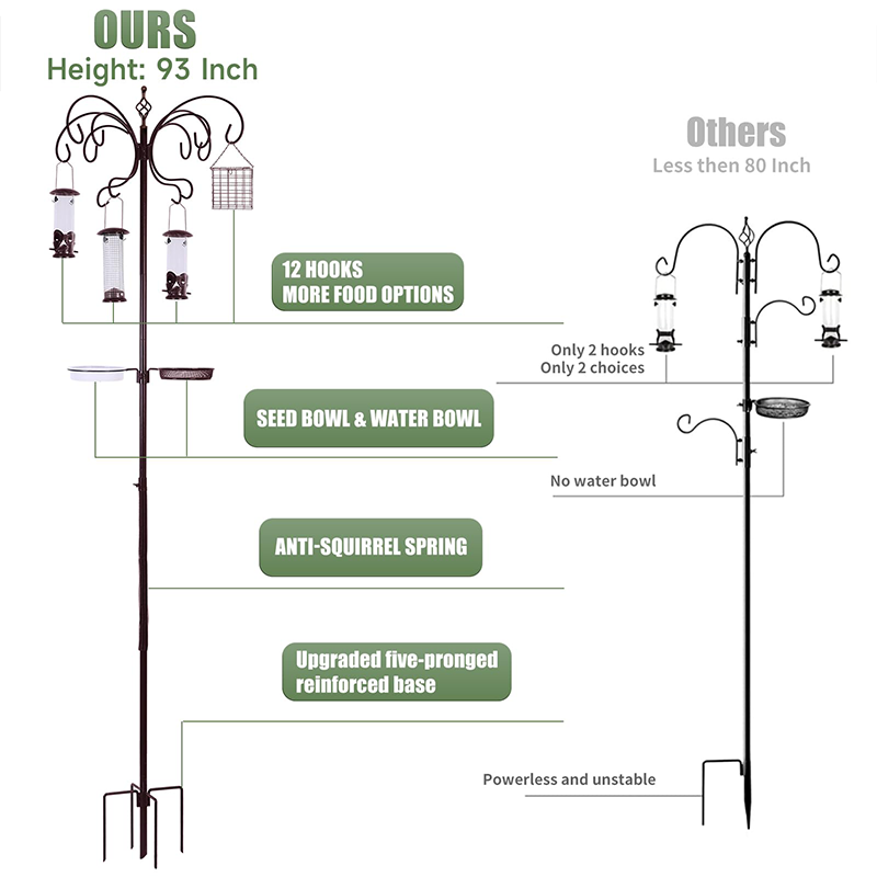Squirrel-Proof Bird Feeder Pole Stand with Hanging Hooks
