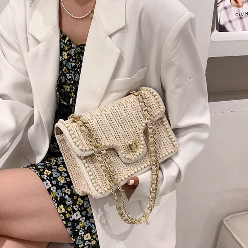 Elegant Faux Pearl Decor Straw Braid Shoulder Bag