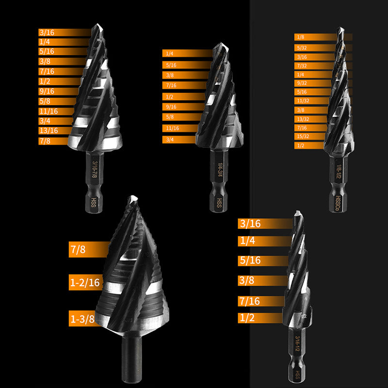 Four Spiral Flute Step Drill Bit Set