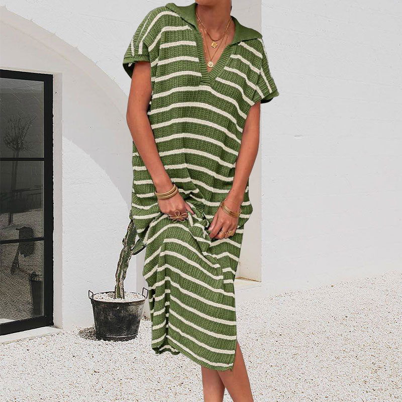 Striped Collared Short Sleeve Dress