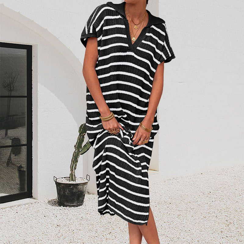 Striped Collared Short Sleeve Dress