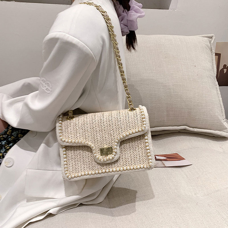 Elegant Faux Pearl Decor Straw Braid Shoulder Bag