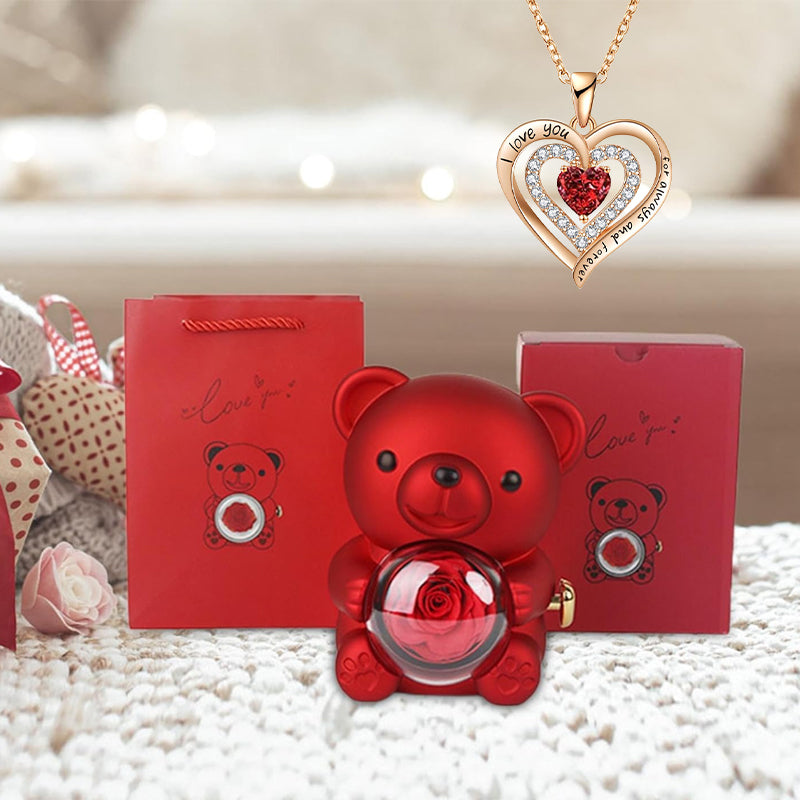 Heart-Shaped Pendant Necklace with Bear & Rose Gift Box
