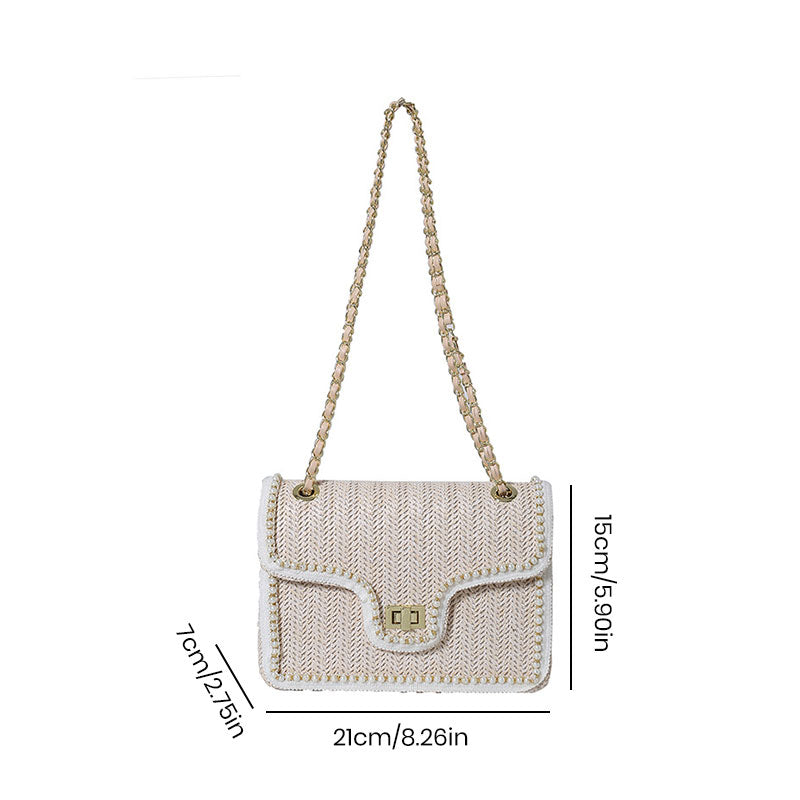 Elegant Faux Pearl Decor Straw Braid Shoulder Bag