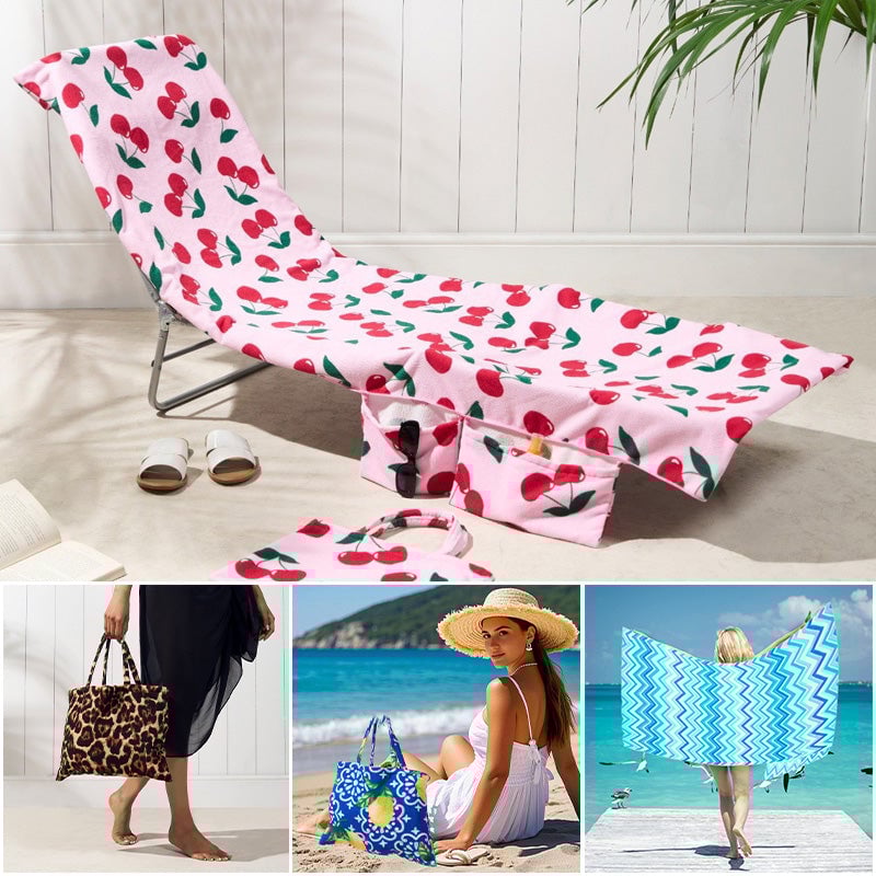 Sun Lounger Towel with Pockets Storage in a Bag