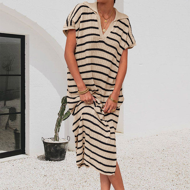 Striped Collared Short Sleeve Dress