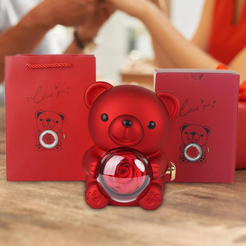 Heart-Shaped Pendant Necklace with Bear & Rose Gift Box