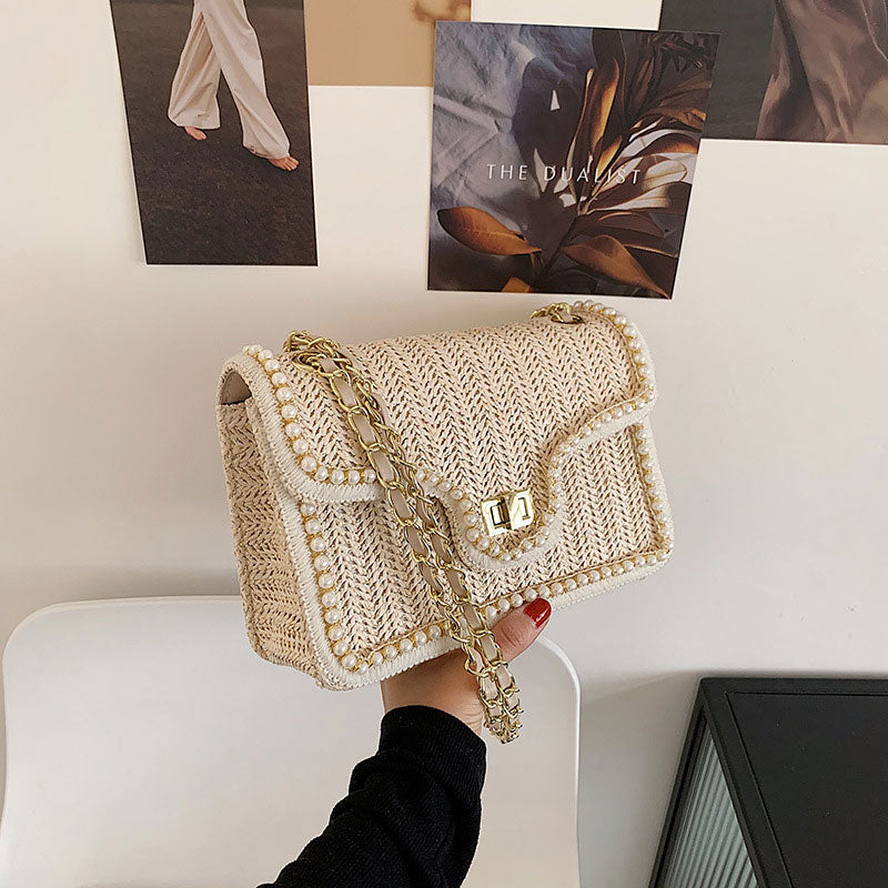 Elegant Faux Pearl Decor Straw Braid Shoulder Bag