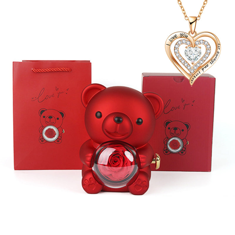 Heart-Shaped Pendant Necklace with Bear & Rose Gift Box