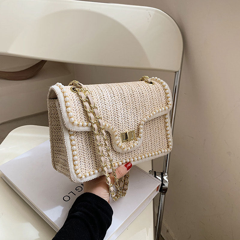 Elegant Faux Pearl Decor Straw Braid Shoulder Bag