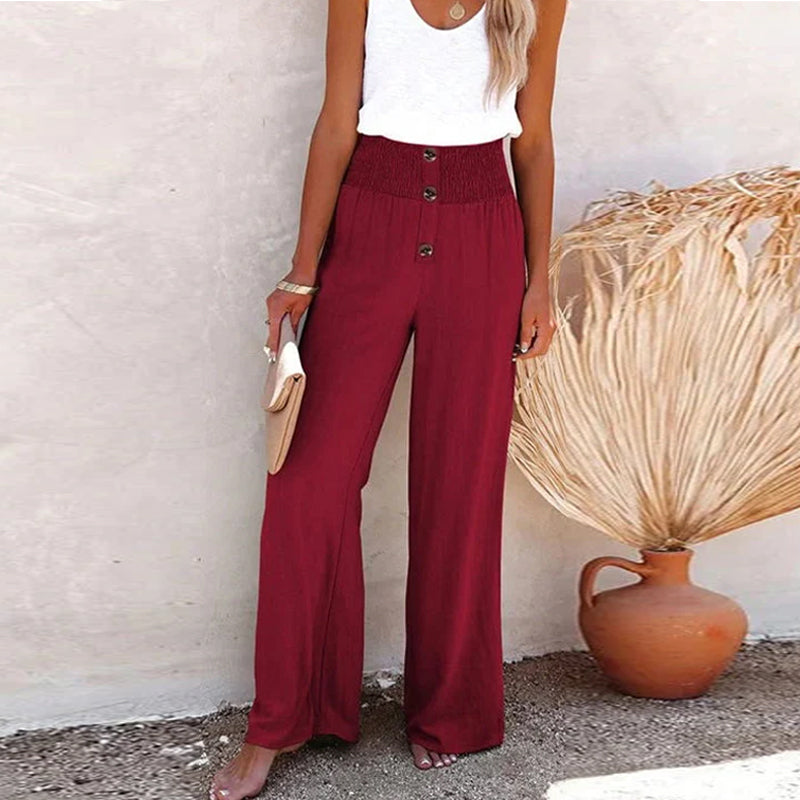 Linen Blend High-Waist Smocked Trousers