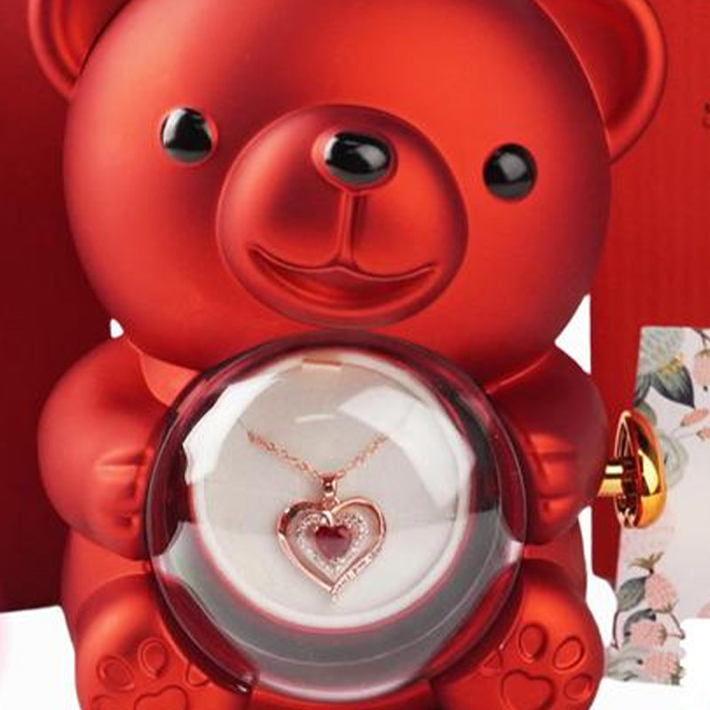 Heart-Shaped Pendant Necklace with Bear & Rose Gift Box