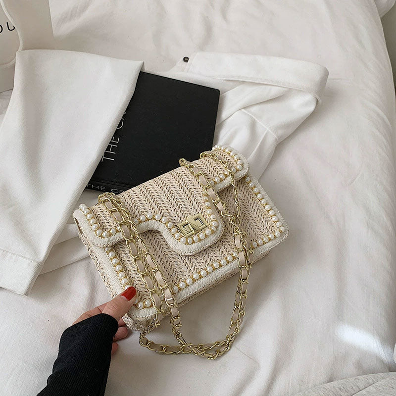 Elegant Faux Pearl Decor Straw Braid Shoulder Bag