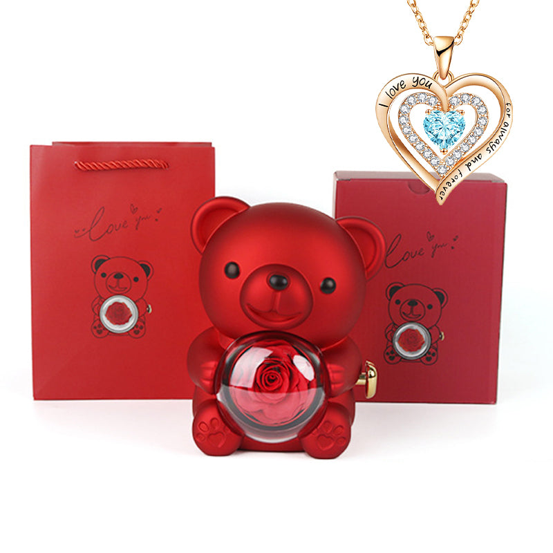 Heart-Shaped Pendant Necklace with Bear & Rose Gift Box
