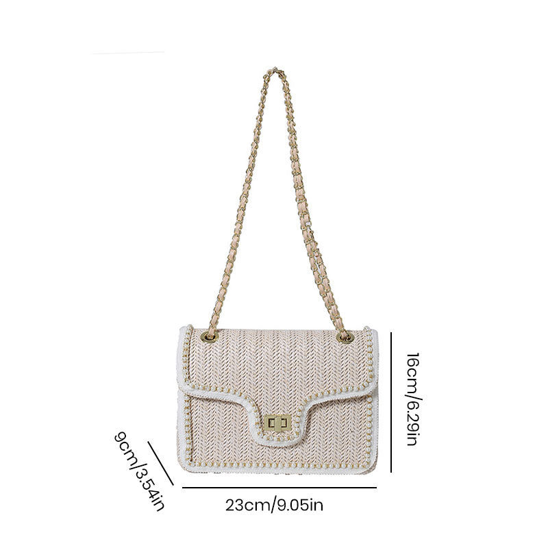 Elegant Faux Pearl Decor Straw Braid Shoulder Bag