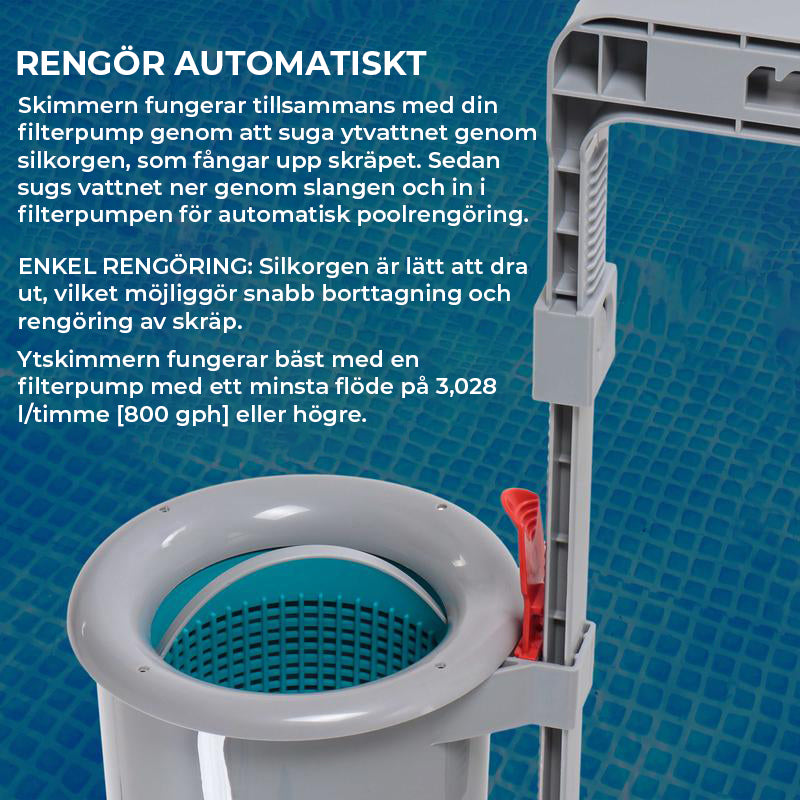 Flytande poolskimmer med monteringsfäste