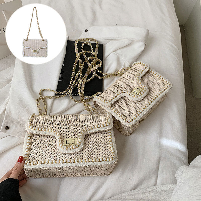 Elegant Faux Pearl Decor Straw Braid Shoulder Bag