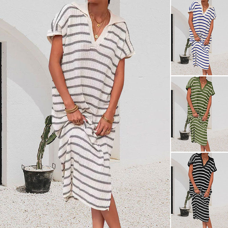 Striped Collared Short Sleeve Dress