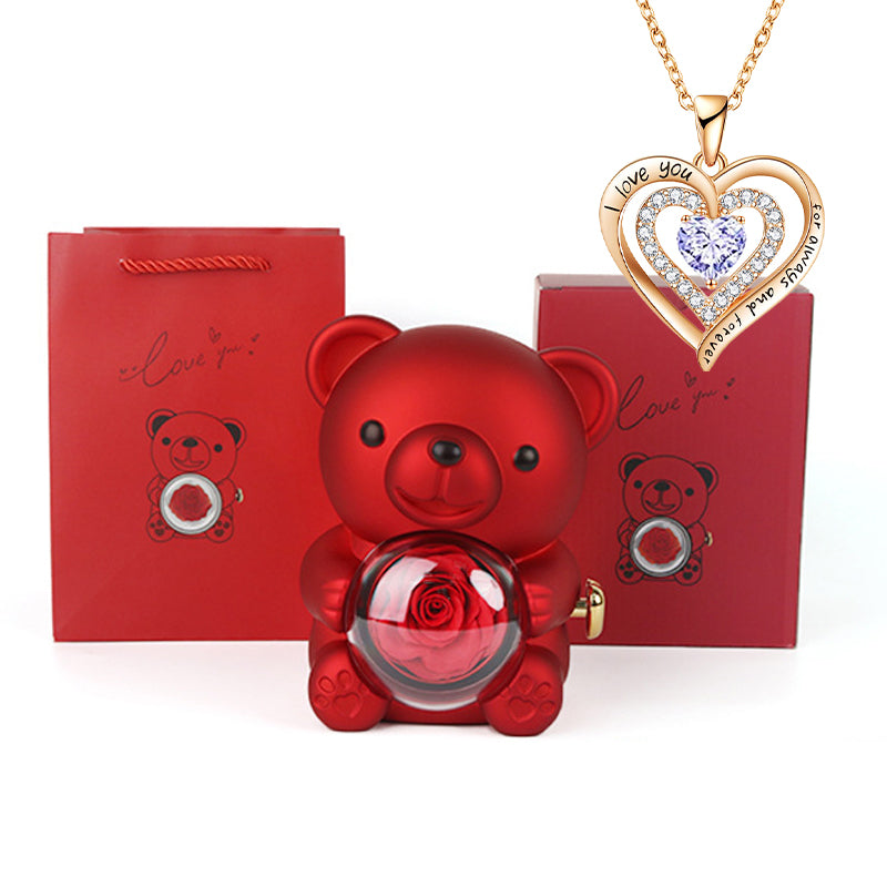 Heart-Shaped Pendant Necklace with Bear & Rose Gift Box