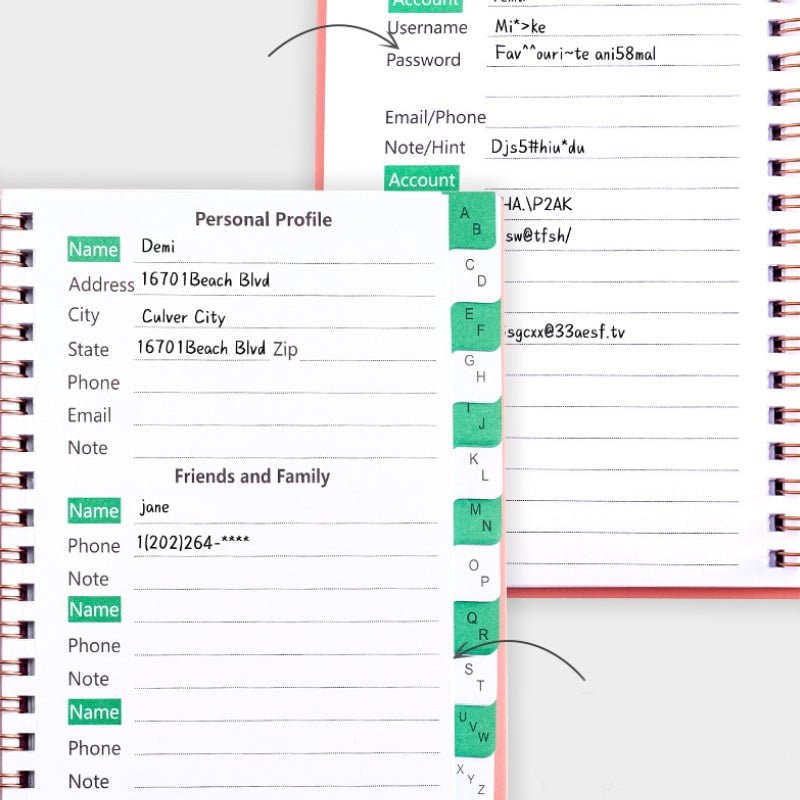 A6 spole lösenordsskyddsbok