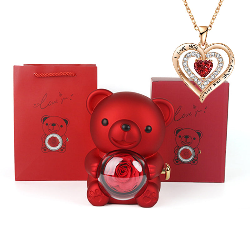 Heart-Shaped Pendant Necklace with Bear & Rose Gift Box