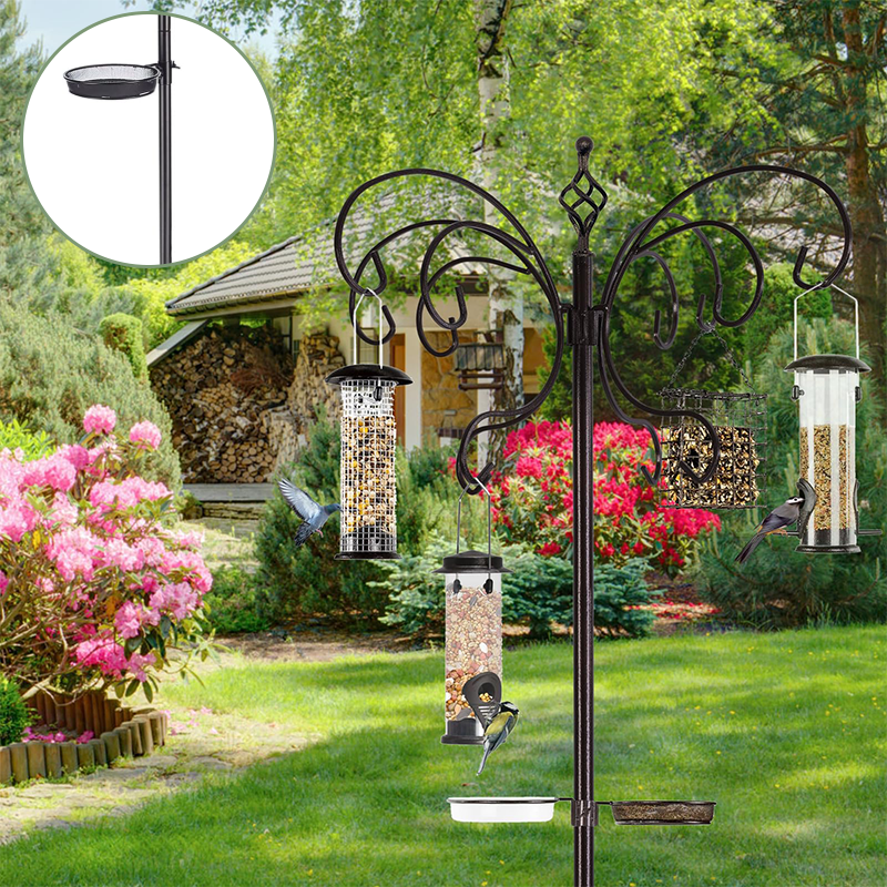 Squirrel-Proof Bird Feeder Pole Stand with Hanging Hooks
