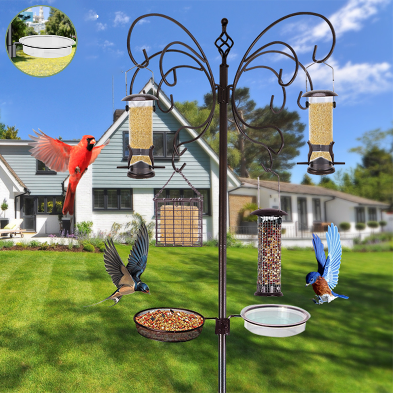 Squirrel-Proof Bird Feeder Pole Stand with Hanging Hooks