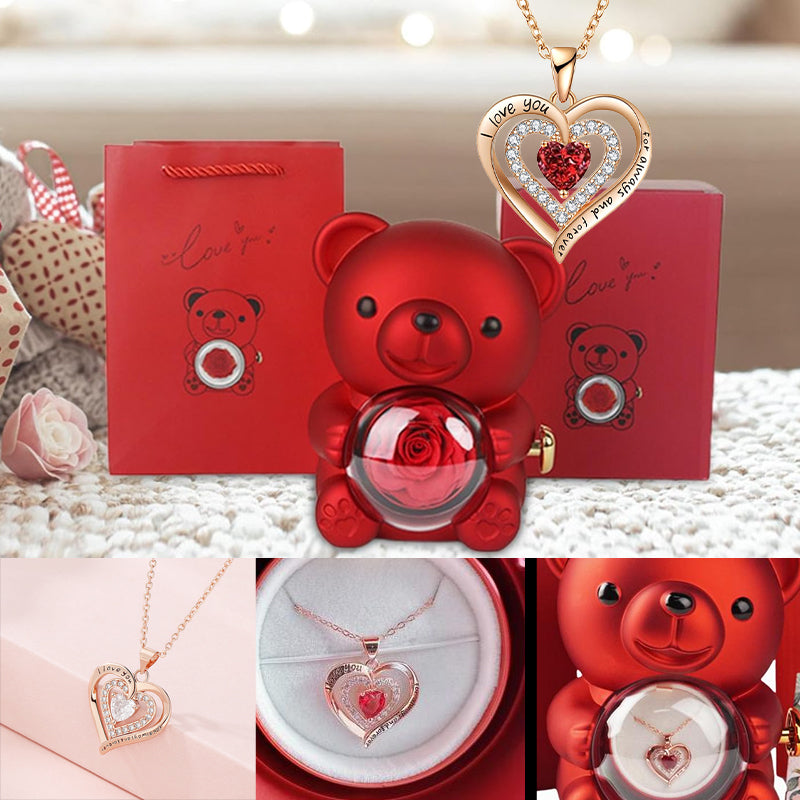 Heart-Shaped Pendant Necklace with Bear & Rose Gift Box