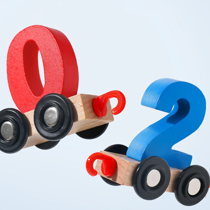 Digitalt magnetiskt tågpussel med leksaksbil i trä